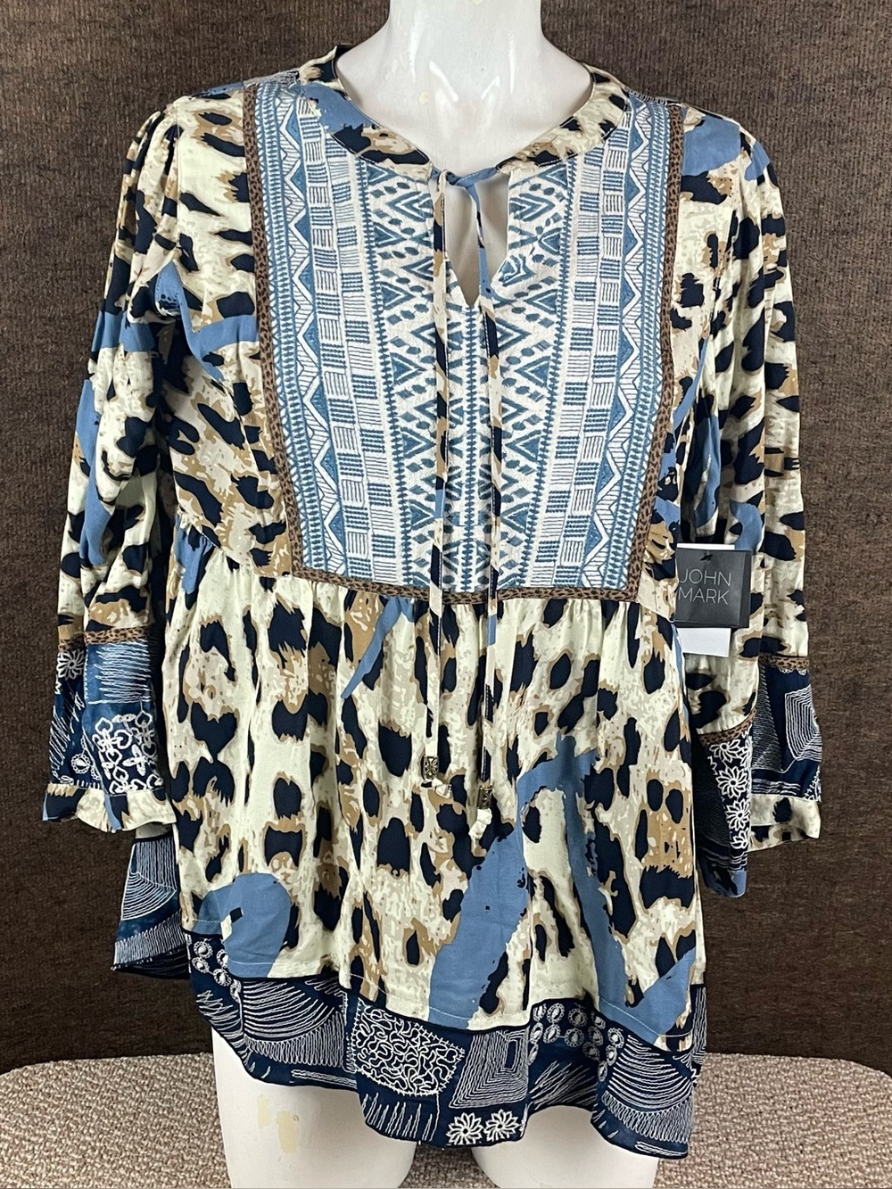 John Mark Tunic Top Women’s Medium Mixed Media Embroidered Boho Linen NWT 138